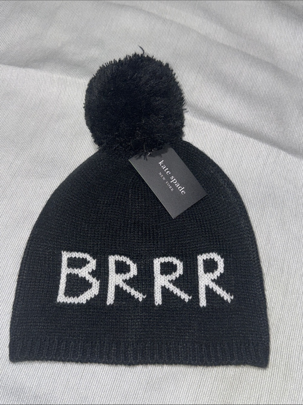 NWT Kate Spade BRRR Black Knit Pom Pom Beanie Hat OS